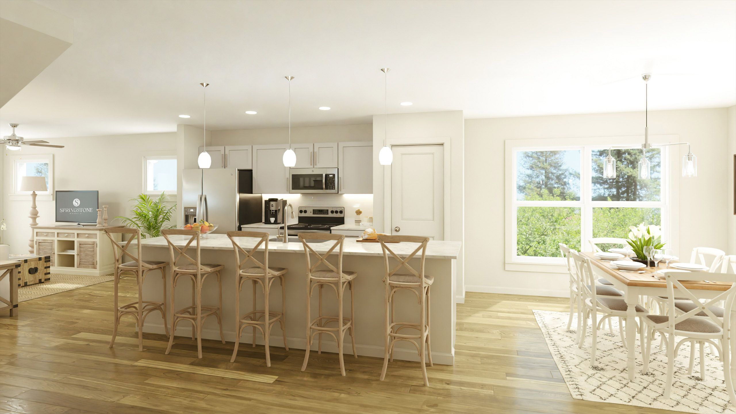 A modern kitchen with a bar area and a dining table.